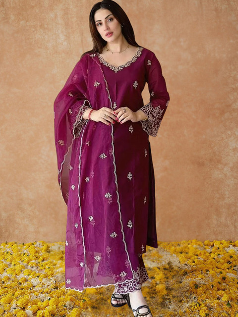 Royal Export Floral Embroidered Thread Work Kurta with Palazzo & Dupatta