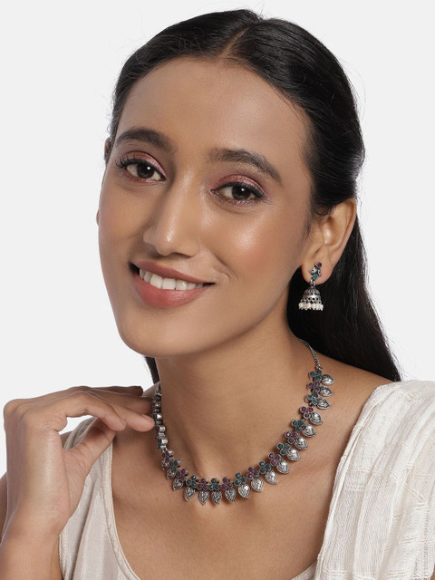 Sangria Silver-Plated Stone-Studded & Beaded Jewellery Set