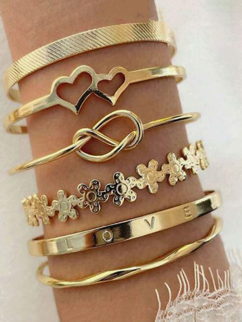 Jewels Galaxy Set of 6 Gold-Plated Heart & Knot Shaped Cuff Bracelets