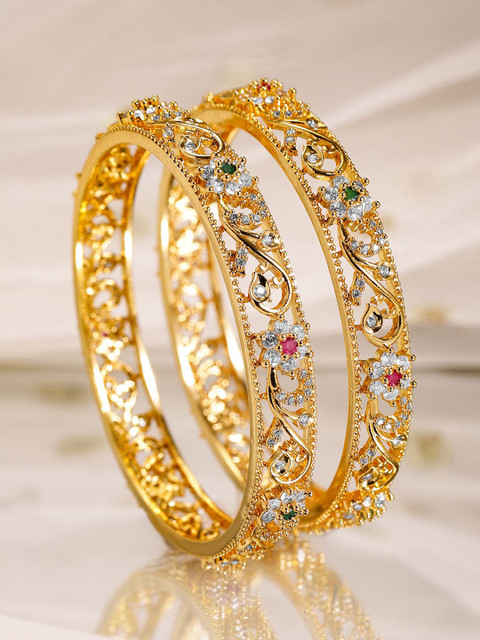 Rubans Set of 2, 22K Gold-Plated Ruby, Emerald & Cubic Zirconia Studded Bangles