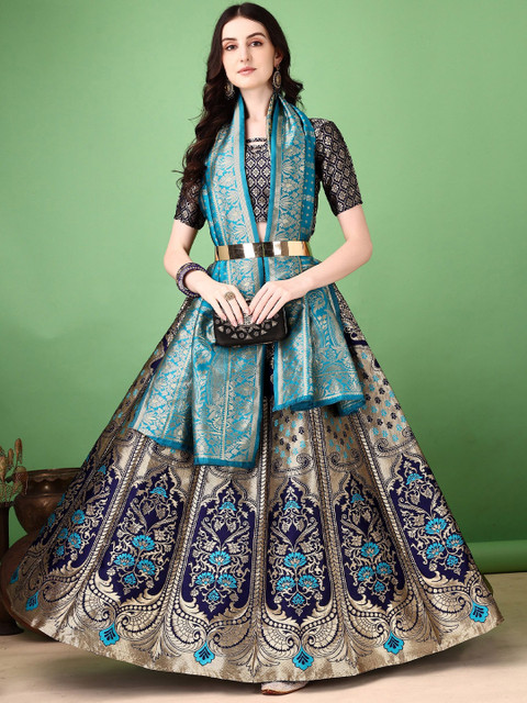 SWAMI STUDIO Woven Design Zari Ready to Wear Lehenga & Unstitched Blouse With Dupatta