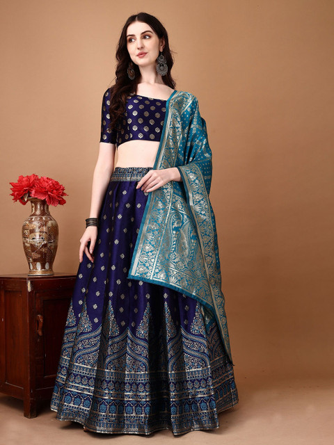 SWAMI STUDIO Woven Design Zari Ready to Wear Lehenga & Unstitched Blouse With Dupatta