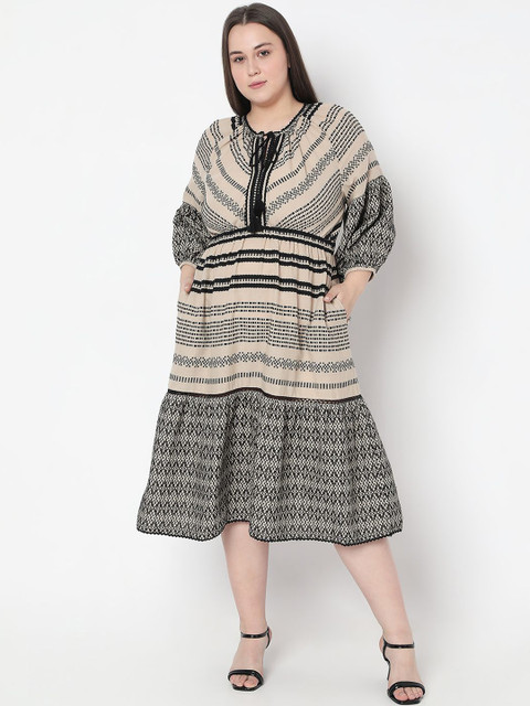 VERO MODA CURVE Women Plus Size Print Bishop Sleeve Fit & Flare Midi Dress