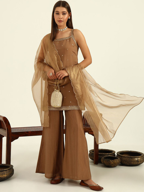FIORRA Floral Embroidered Regular Thread Work Straight Kurti with Palazzos & Dupatta - Image 6