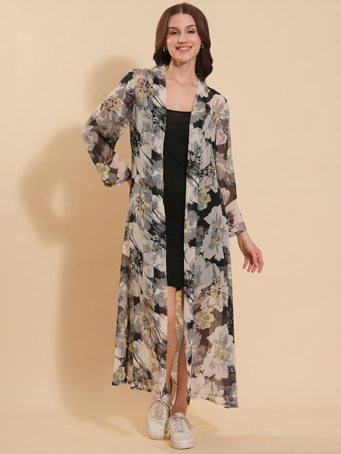Fashfun Floral Printed Longline Open Front Shrug