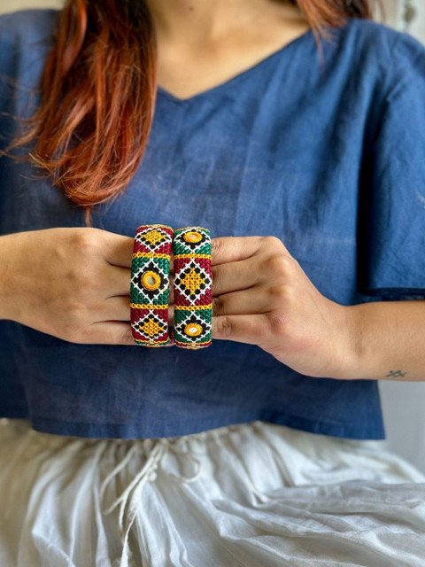 Janpath Online Set Of 2 Laalima Kutchi Embroidered Kada Bangles