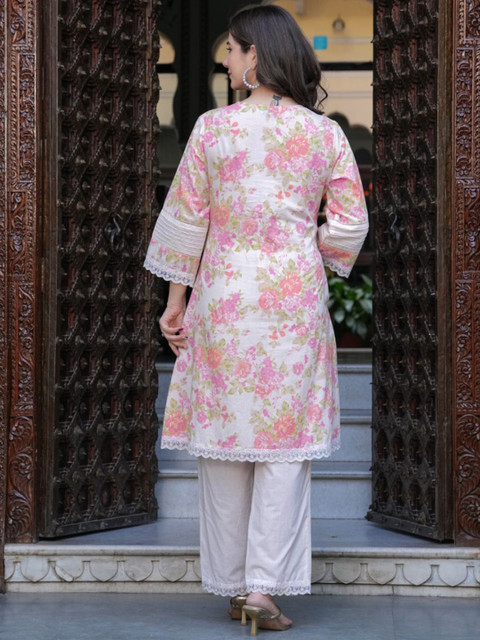 KALINI Floral Printed V-Neck Three-Quarter Sleeves Pure Cotton Top With Trouser - Image 5