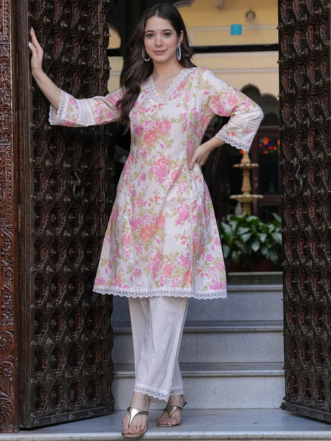 KALINI Floral Printed V-Neck Three-Quarter Sleeves Pure Cotton Top With Trouser - Image 3