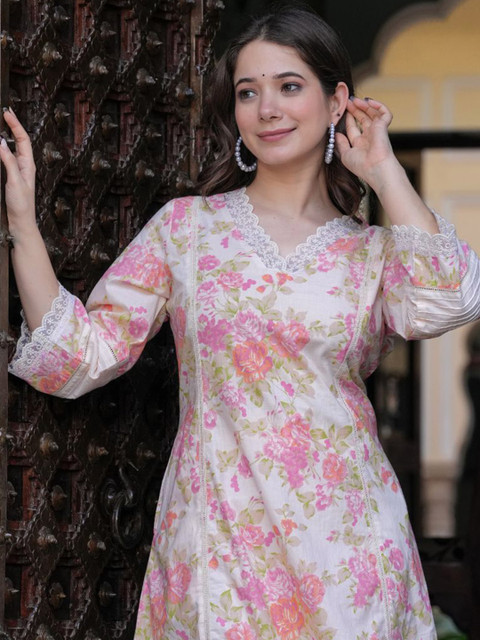 KALINI Floral Printed V-Neck Three-Quarter Sleeves Pure Cotton Top With Trouser - Image 6