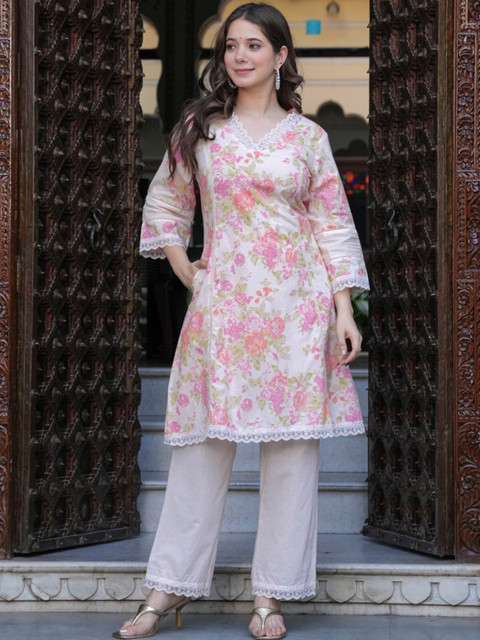 KALINI Floral Printed V-Neck Three-Quarter Sleeves Pure Cotton Top With Trouser - Image 7