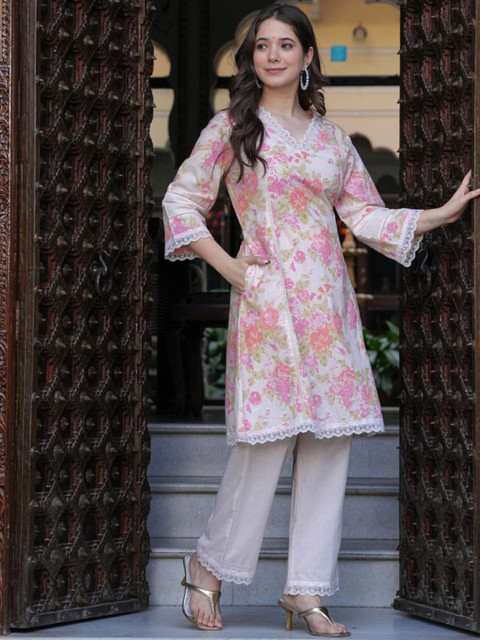 KALINI Floral Printed V-Neck Three-Quarter Sleeves Pure Cotton Top With Trouser - Image 4