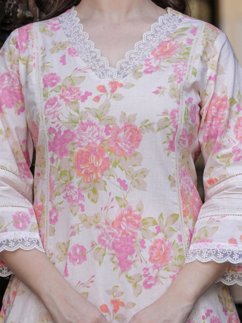 KALINI Floral Printed V-Neck Three-Quarter Sleeves Pure Cotton Top With Trouser - Image 2