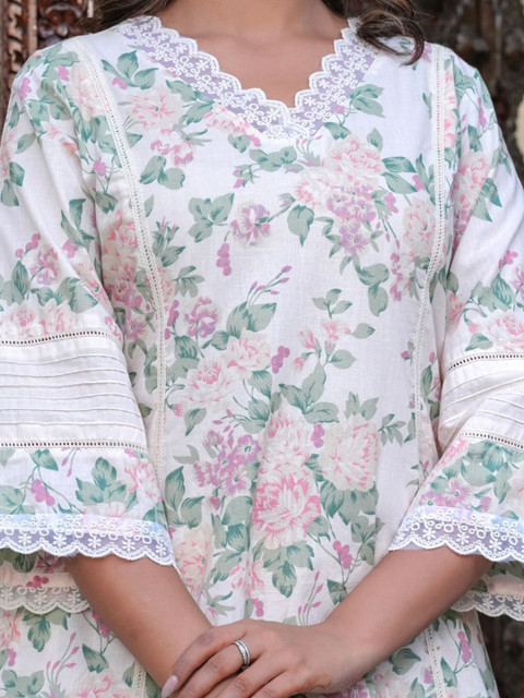 KALINI Floral Printed V-Neck Three-Quarter Sleeves Pure Cotton Top With Trouser - Image 2