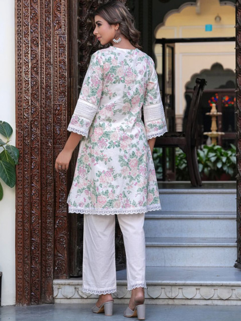 KALINI Floral Printed V-Neck Three-Quarter Sleeves Pure Cotton Top With Trouser - Image 5