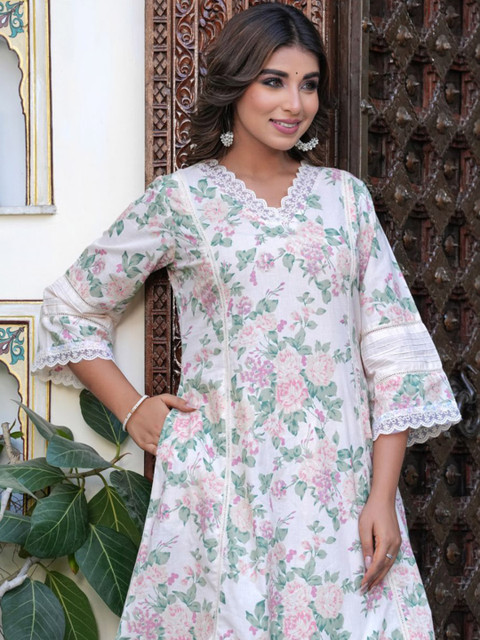 KALINI Floral Printed V-Neck Three-Quarter Sleeves Pure Cotton Top With Trouser - Image 7