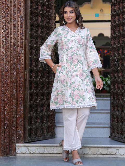 KALINI Floral Printed V-Neck Three-Quarter Sleeves Pure Cotton Top With Trouser - Image 3