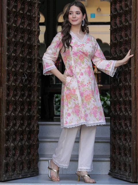 KALINI Floral Printed V-Neck Three-Quarter Sleeves Pure Cotton Top With Trouser - Image 3
