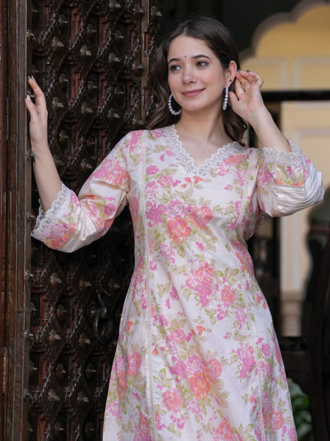 KALINI Floral Printed V-Neck Three-Quarter Sleeves Pure Cotton Top With Trouser - Image 7