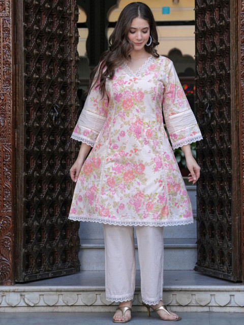 KALINI Floral Printed V-Neck Three-Quarter Sleeves Pure Cotton Top With Trouser - Image 6