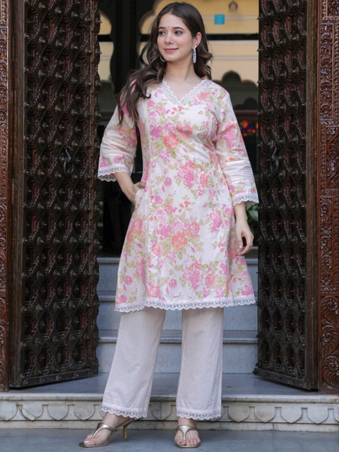 KALINI Floral Printed V-Neck Three-Quarter Sleeves Pure Cotton Top With Trouser - Image 4