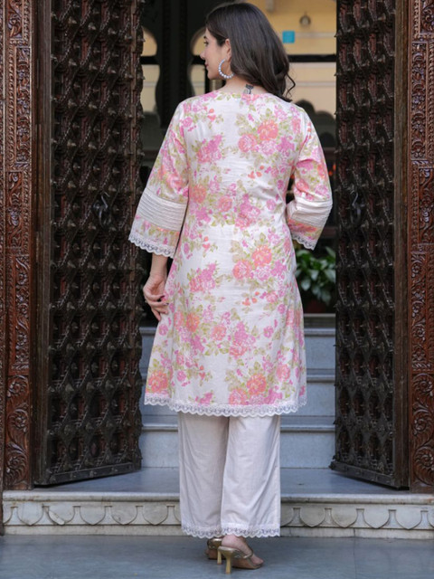 KALINI Floral Printed V-Neck Three-Quarter Sleeves Pure Cotton Top With Trouser - Image 5
