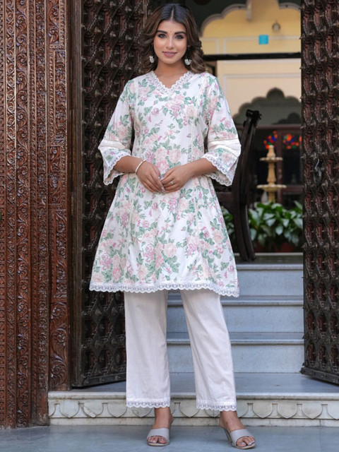KALINI Floral Printed V-Neck Three-Quarter Sleeves Pure Cotton Top With Trouser - Image 6