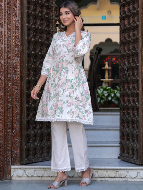 KALINI Floral Printed V-Neck Three-Quarter Sleeves Pure Cotton Top With Trouser - Image 3