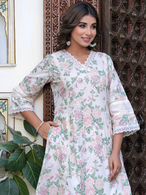 KALINI Floral Printed V-Neck Three-Quarter Sleeves Pure Cotton Top With Trouser - Image 7