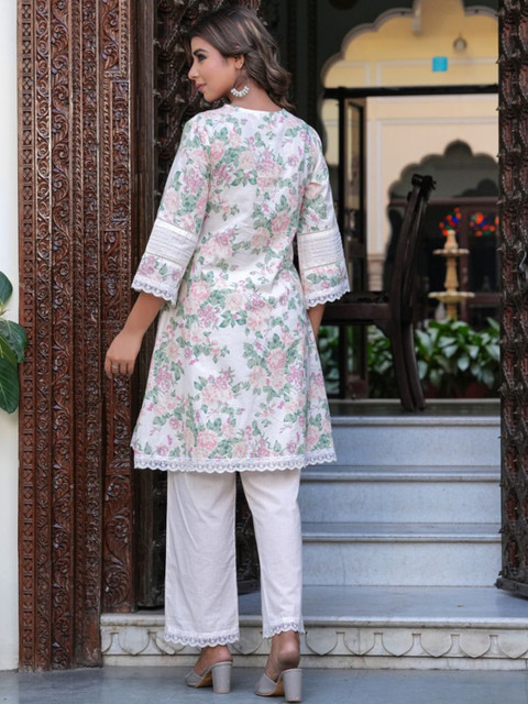 KALINI Floral Printed V-Neck Three-Quarter Sleeves Pure Cotton Top With Trouser - Image 4