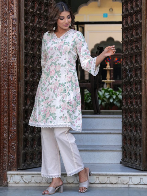 KALINI Floral Printed V-Neck Three-Quarter Sleeves Pure Cotton Top With Trouser - Image 5