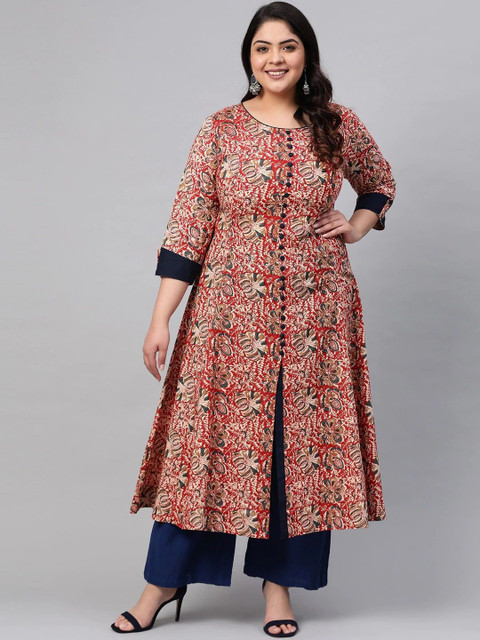 YASH GALLERY Plus Size Floral Printed A-Line Cotton Kurta