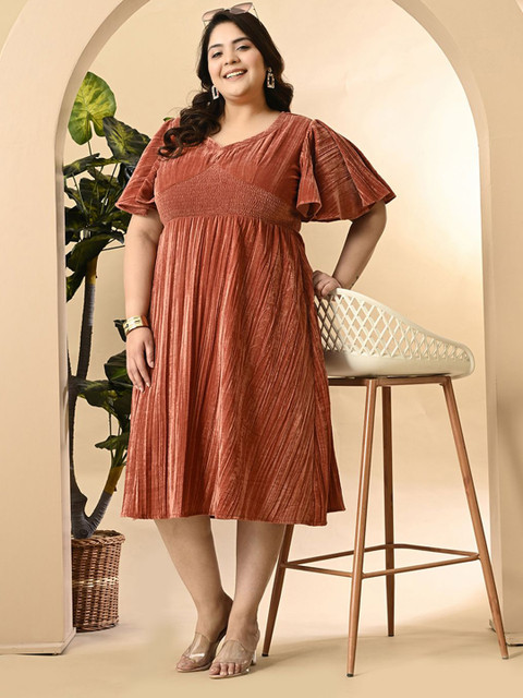 PrettyPlus by Desinoor.com Plus Size Flared Sleeve Velvet Fit & Flare Midi Dress - Image 6