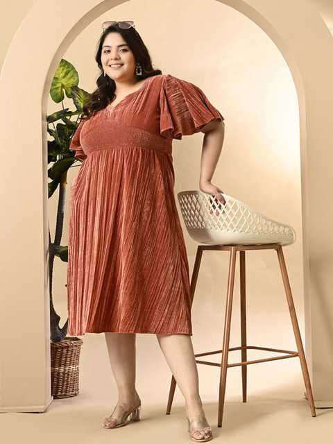 PrettyPlus by Desinoor.com Plus Size Flared Sleeve Velvet Fit & Flare Midi Dress - Image 7