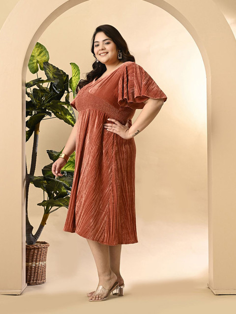 PrettyPlus by Desinoor.com Plus Size Flared Sleeve Velvet Fit & Flare Midi Dress - Image 4