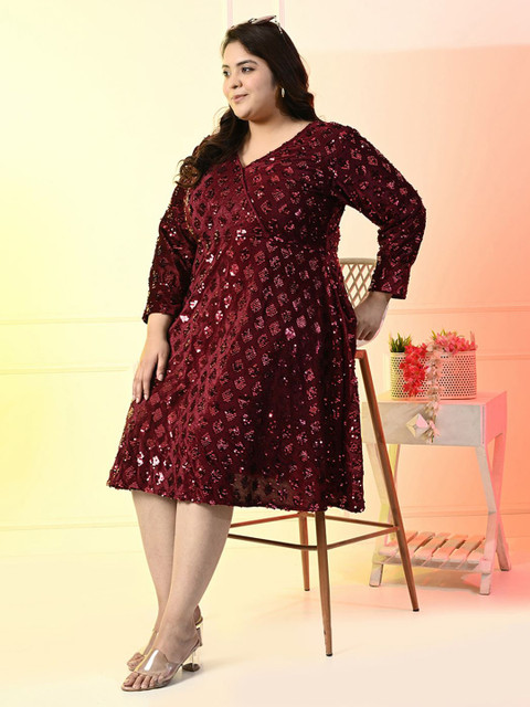 PrettyPlus by Desinoor.com Women Plus Size Embellished Velvet Fit & Flare Midi Dress - Image 6