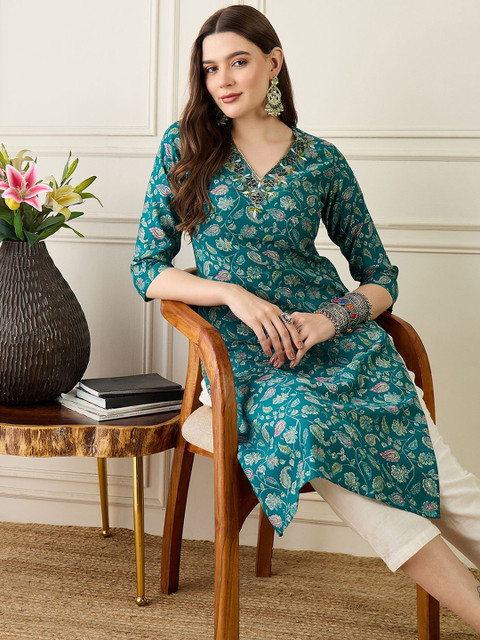 Anouk Floral Printed V-Neck Chanderi Silk Straight Kurta - Image 6