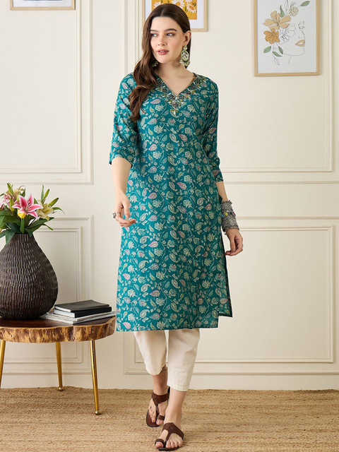 Anouk Floral Printed V-Neck Chanderi Silk Straight Kurta