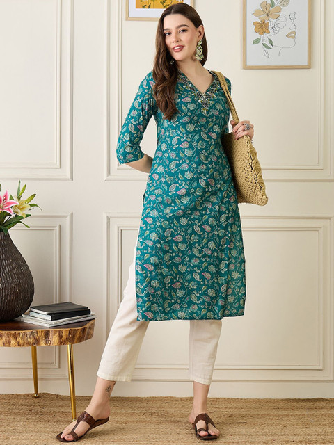 Anouk Floral Printed V-Neck Chanderi Silk Straight Kurta - Image 3