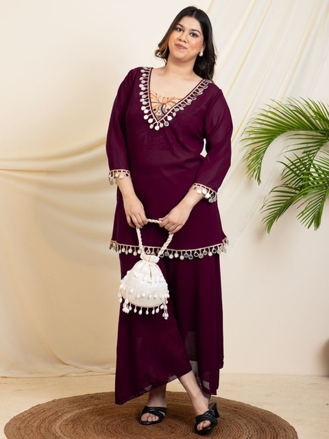 Vibes by Vibes by Deebaco Embroidered Plus Size Tunic With Crop Top & Palazzo - Image 6