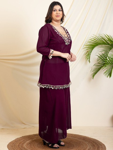 Vibes by Vibes by Deebaco Embroidered Plus Size Tunic With Crop Top & Palazzo - Image 3