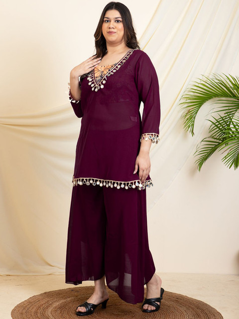 Vibes by Vibes by Deebaco Embroidered Plus Size Tunic With Crop Top & Palazzo - Image 4