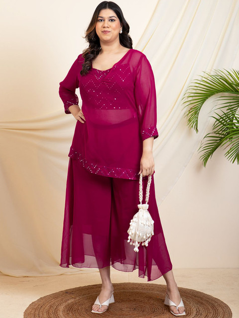 Vibes by Vibes by Deebaco Plus Size V-Neck Embroidered Tunic With Crop Top & Palazzo - Image 6