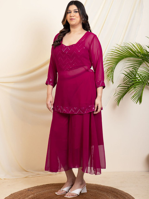 Vibes by Vibes by Deebaco Plus Size V-Neck Embroidered Tunic With Crop Top & Palazzo - Image 4