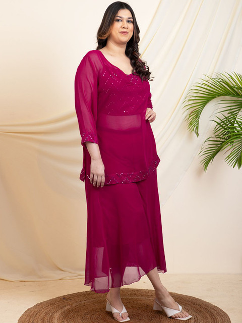 Vibes by Vibes by Deebaco Plus Size V-Neck Embroidered Tunic With Crop Top & Palazzo - Image 3