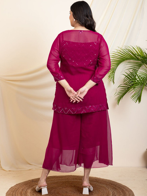 Vibes by Vibes by Deebaco Plus Size V-Neck Embroidered Tunic With Crop Top & Palazzo - Image 5