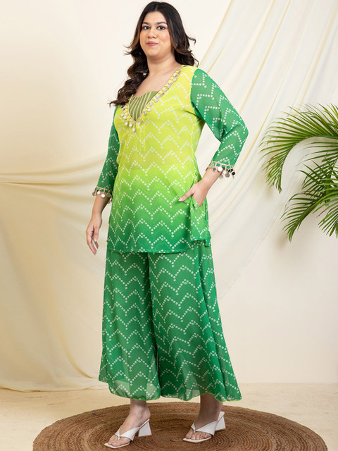 Vibes by Deebaco Plus Size V-Neck Printed Tunic With Crop Top & Palazzo - Image 4