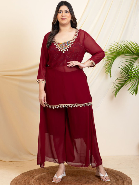 DEEBACO Plus Size Embroidered V- Neck Inner Top & Tunic With Palazzo