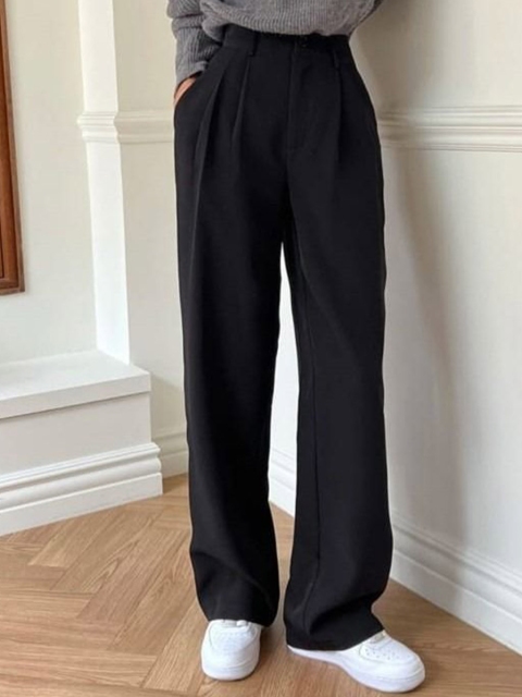 Next One Women Smart Loose Fit High-Rise Easy Wash Pleated Korean Pants