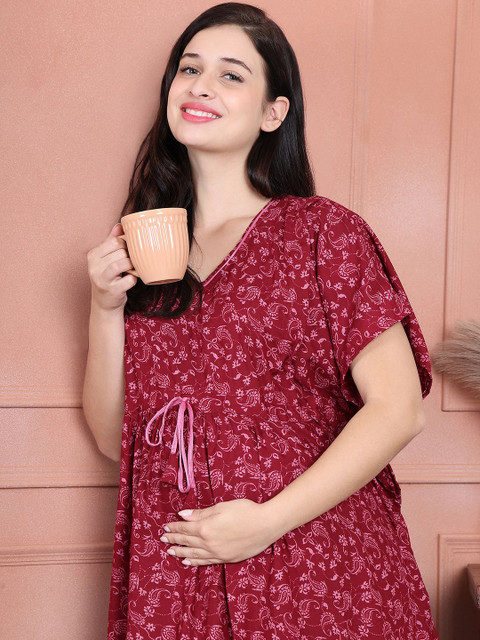 Secret Wish Women Floral Printed V-Neck Maternity Maxi Kaftan Nightdress - Image 6