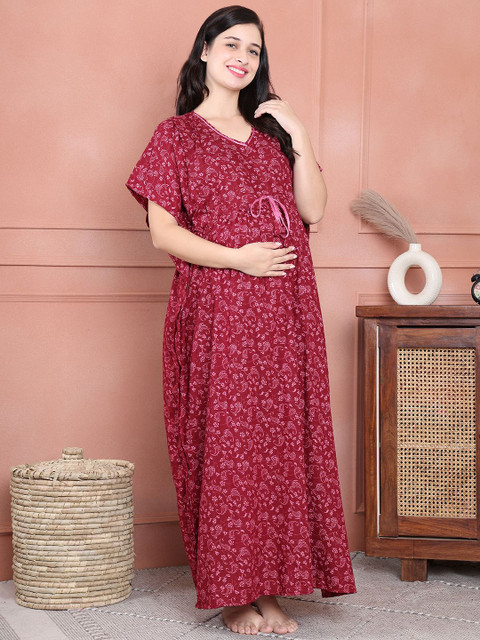 Secret Wish Women Floral Printed V-Neck Maternity Maxi Kaftan Nightdress - Image 3